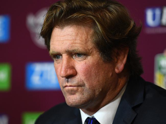 **FILE** A Saturday, March 25, 2017 image reissued Tuesday, September 19, 2017 of Canterbury-Bankstown Bulldogs NRL coach Des Hasler speaking to the media during a press conference following the Round 4 NRL match between the Manly-Warringah Sea Eagles and the Canterbury-Bankstown Bulldogs at Lottoland in Sydney. Canterbury have sacked coach Des Hasler from the NRL club. Hasler signed a two-year contract extension with the club in April, but failed to take the team to the finals for the first time since his arrival in 2012. (AAP Image/Dan Himbrechts) NO ARCHIVING