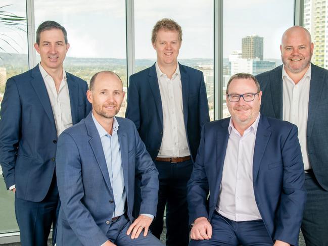 Perks CEO James Black and Aaron Read (seated) with Perks leadership Team members (L-R) Kim Bigg, Sam Wagner and Tom Paine. Picture: Supplied