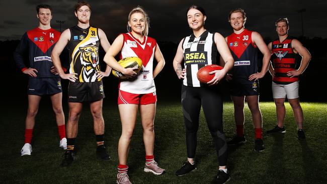 TSL players Jack McCulloch, Lachlan Gadomski, Grace Mitchell, Alice Raspin, Finlay Poke and Bryce Walsh ahead of the season commencing. Picture: ZAK SIMMONDS