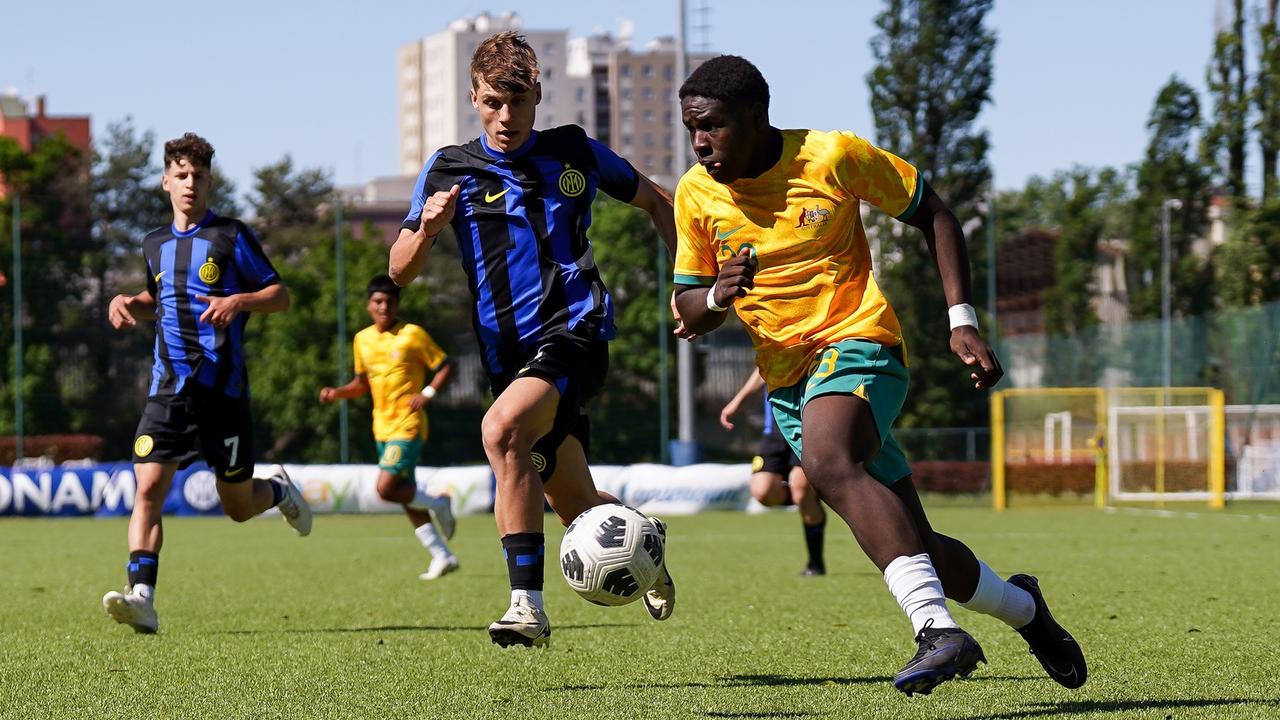 David Bolongi competes for the ball against Inter Milan Image Picture: Football Australia