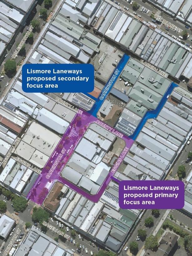 The areas proposed for involvement in the Lismore Laneways Project.