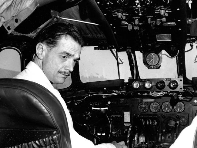 FILE--Airplane manufacturer Howard Hughes is shown at the controls of his eight-engine wooden flying boat |The Spruce Goose| in this Oct. 31, 1947, file photo. California has played a key role in world aviation history, from the first international air meet in 1910, to the 1947 flight of the |Spruce Goose,| to the design of the next-generation Joint Strike Fighter. The Boeing Co. decision to end production of the 717, the last passenger plane built in the state, will have an impact far beyond the jobs lost. The company said it will decide the fate of the plane and 4,500 workers at the Long Beach, Calif., factory that assembles it, by the end of 2001. (AP Photo/File)