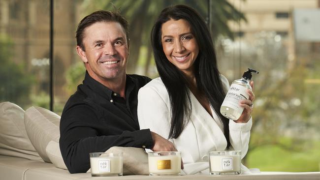 Greg and Katheryn Blewett at the Oval Hotel in North Adelaide, where Katheryn’s brand Nektar and Oval have teamed up for bespoke candles and soaps. Picture: MATT LOXTON