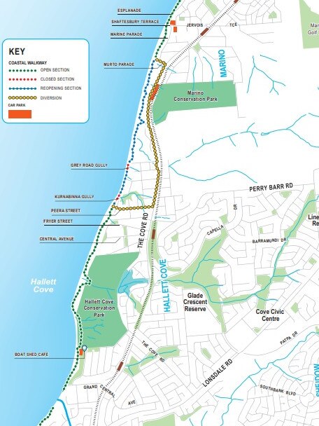 A map showing which sections of the Hallett Cove boardwalk will reopen by the end of February 2020.