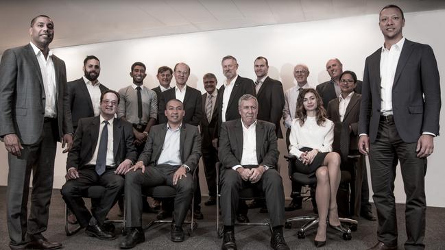 A group photo of company members including Duncan Gay (seated second from right). See Interactive below for names and work history.