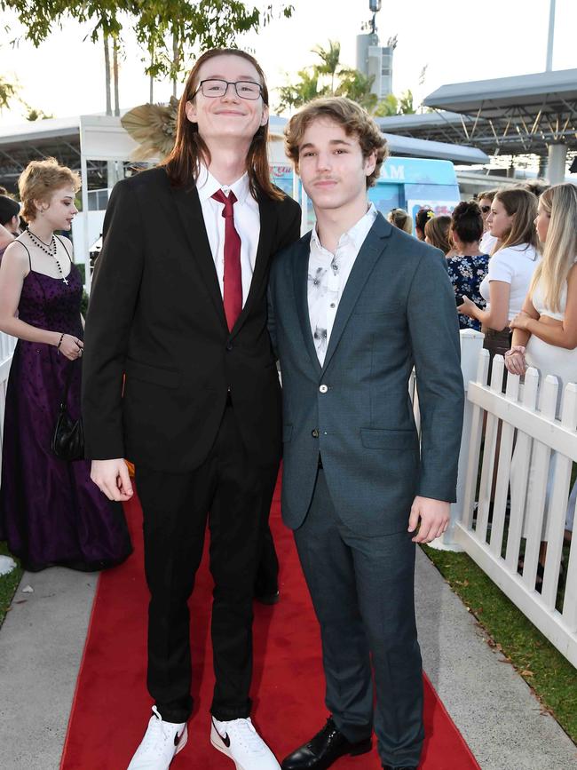 Jye Ashworth and Thomas Hadess at the 2023 Caloundra State High School Year 12 formal. Picture: Patrick Woods.