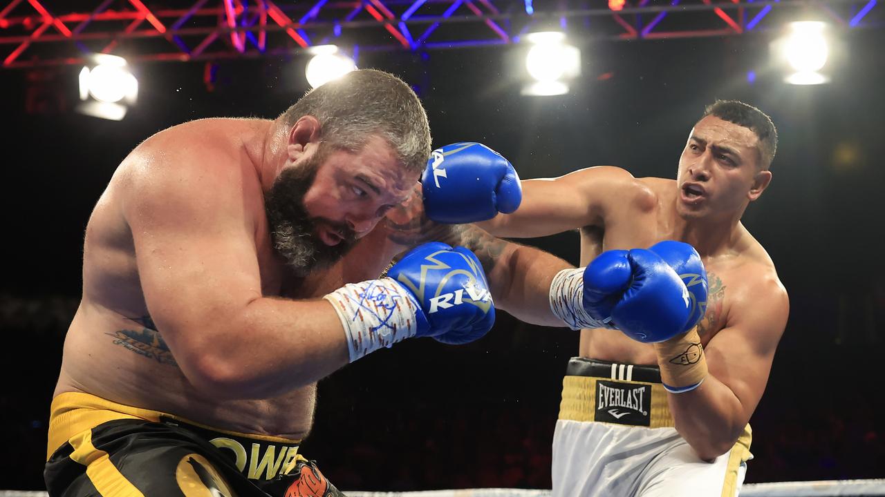 Sio Siua Taukeiaho (R) has been offered a heavyweight fight against former NRL bad boy Curtis Scott. Picture: Mark Evans/Getty Images