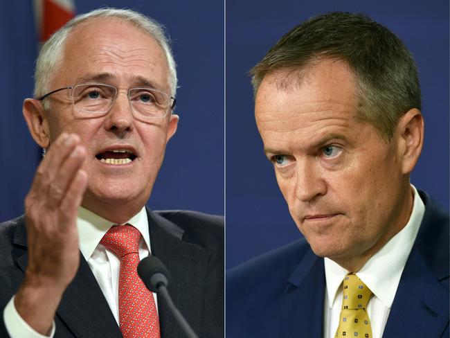 (COMBO) This combination of pictures created on May 8, 2016 shows Australian Prime Minister Malcolm Turnbull (L) speaking at a press conference in Sydney on May 6, 2016, where he announced Singapore will invest up to 1.67 billion USD in Australia's defence infrastructure and hike the number of its troops training here as the nations deepen trade and defence ties, and Australia's opposition Labor Party leader Bill Shorten (R) speaking to the media in Sydney after Australia's Prime Minister threatened on March 21, 2016, to hold early general elections in July unless the upper house agrees to pass deadlocked legislation to overhaul unions. Turnbull on May 8, 2016 called an election for both houses of parliament on July 2 as he seeks his own mandate with the public just eight months after deposing predecessor Tony Abbott in a party coup. / AFP PHOTO / William WEST AND William WEST