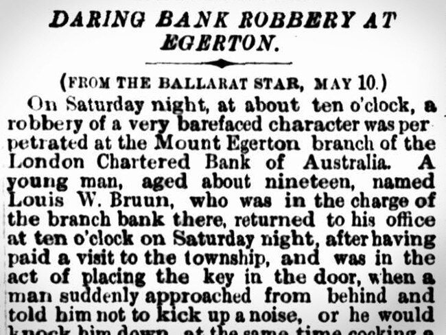 A newspaper article from 1869 detailing the Mt Egerton bank robbery. Picture: Trove