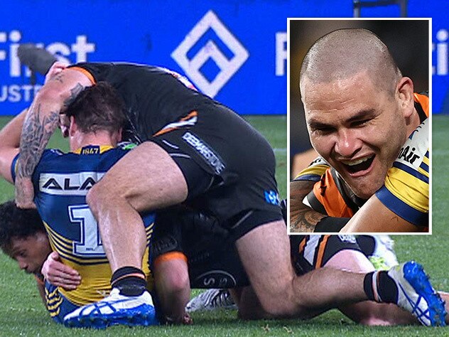 Wests Tigers forward Russell Packer's crusher tackle on Parramatta Eels fullback Clint Gutherson.