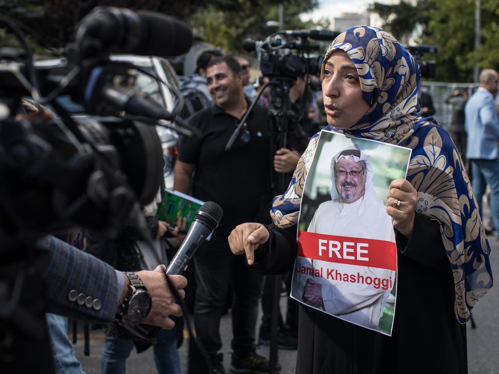 Nobel Prize winner Tawakkol Karman holds a poster of Saudi journalist Jamal Khashoggi while speaking to the media during a protest outside the entrance to the Saudi Arabia Consulate on October 5 in Istanbul, Turkey.