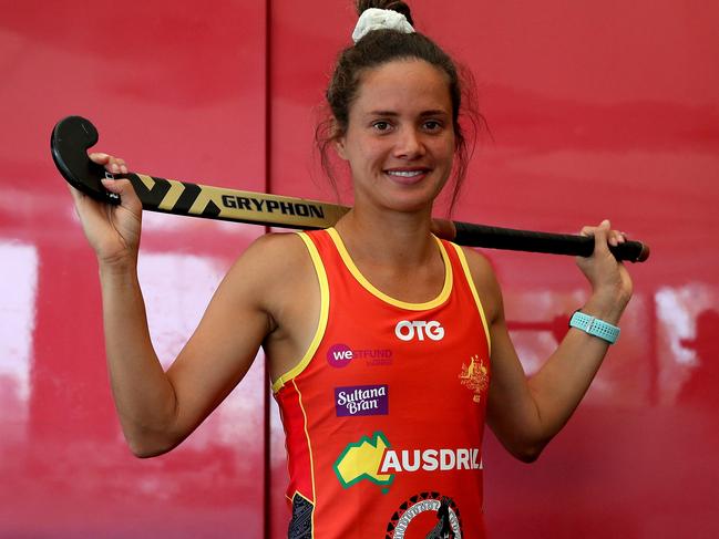 Brooke Peris of the Hockeyroos poses for a photo wearing the newly unveiled playing kit during a media opportunity at Kings Park in Perth, Thursday, February 27, 2020. The kit was designed and painted by Aboriginal, dual Olympian, gold medallist and former Hockeyroo and Federal Senator Nova Peris. (AAP Image/Richard Wainwright) NO ARCHIVING