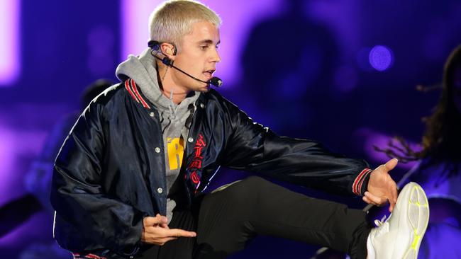 Justin Bieber on stage during his concert at ANZ Stadium in Homebush. Picture: Jonathan Ng
