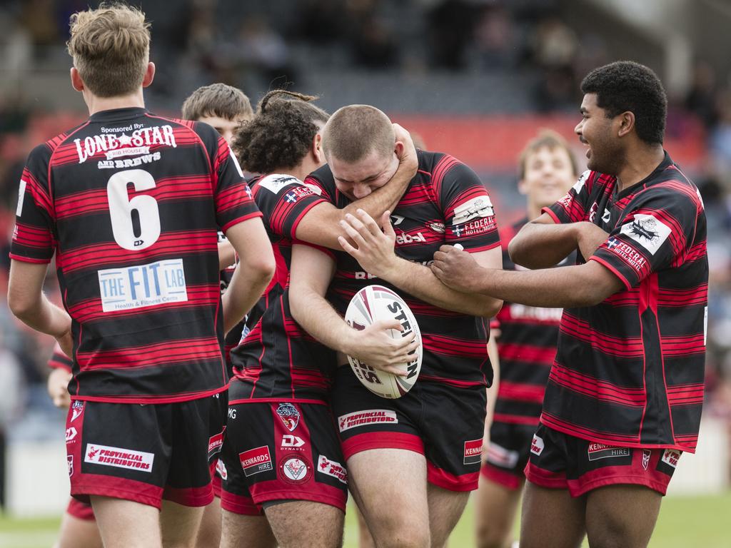 Valleys players celebrate a try by Kael Tremain (centre) against Dalby. Picture: Kevin Farmer.