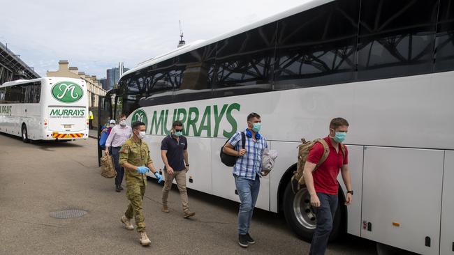 Australian Defence Force personnel arrive at their Sydney hotel, prior to their mandatory quarantine after returning home from deployment to the Middle East. Picture: Defence