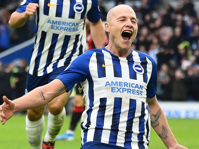 Aaron Mooy celebrates his goal against Bournemouth in the English Premier League. Picture: AFP