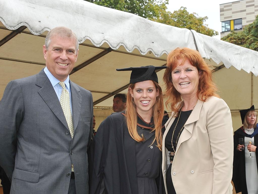 Prince Andrew with Sarah Ferguson and their daughter, Princess Beatrice, following her graduation ceremony at Goldsmiths College in 2011. Picture:/Getty Images