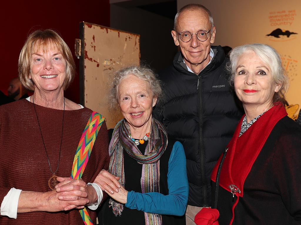 Dark Mofo “A Journey to Freedom” exhibition opening at TMAG. Sarah Robert-Tissot, of New Town, left, Diane and Haydn Perndt of Mt Nelson, and Penny Carey-Wells, of Kingston. Picture: SAM ROSEWARNE