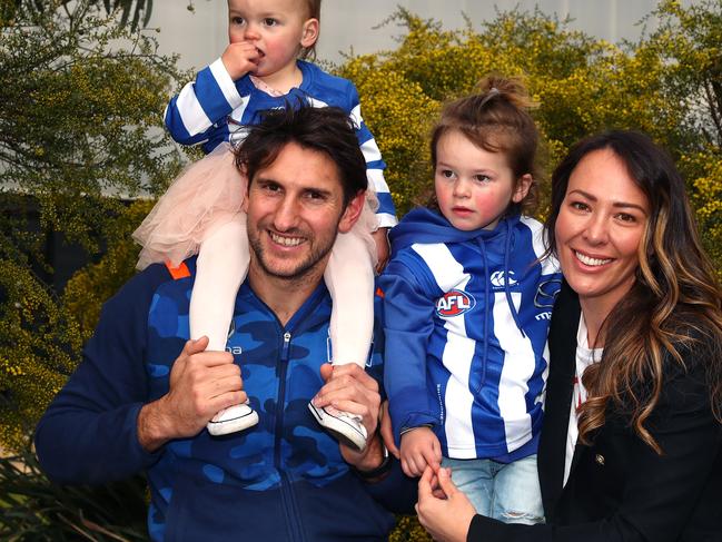 MELBOURNE, AUSTRALIA - AUGUST 21:  Jarrad Waite of the North Melbourne Kangaroos poses for a portrait with his family during a press conference at Arden Street Ground on August 21, 2018 in Melbourne, Australia.  (Photo by Kelly Defina/Getty Images)