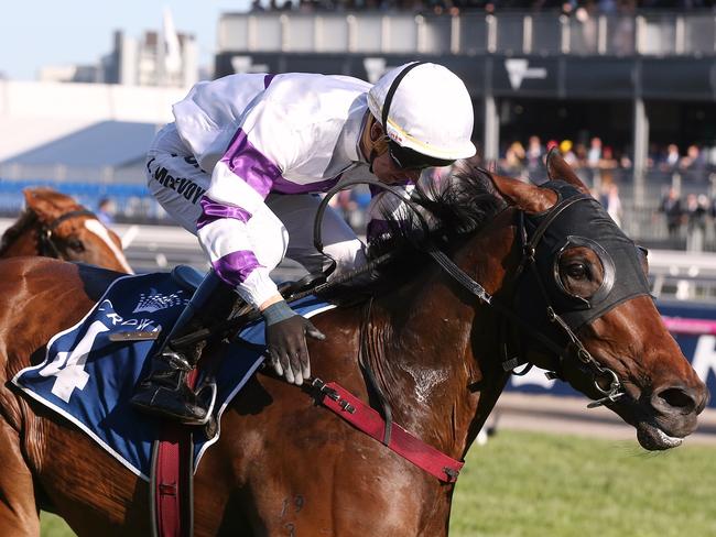 Spright, ridden by Kerrin McEvoy, wins the Group 3 Red Roses at Flemington on Oaks Day in 2018. Picture: Wayne Ludbey