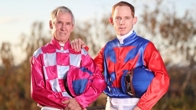 Father and son jockey's Keith and Dan Ballard. Keith at the age of 66, is Australia’s oldest competing jockey. Photo - Peter Wallis