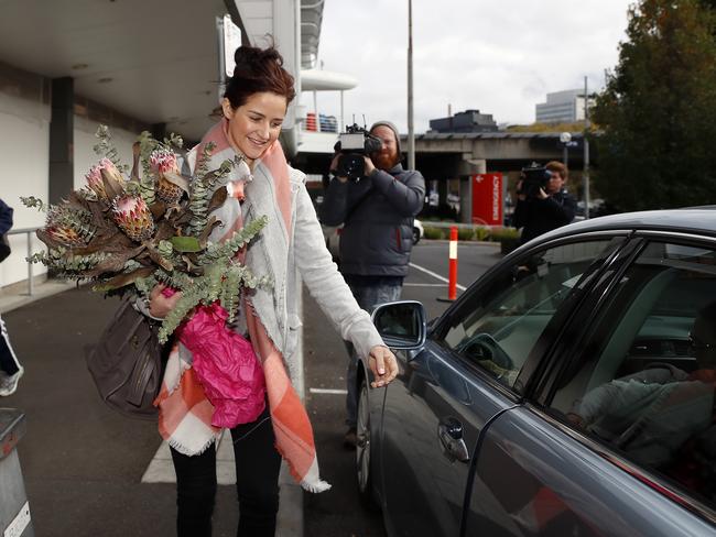 Melbourne Cup-winning jockey Michelle Payne is discharged from The Alfred Hospital, after suffering from a serious injury during a fall off her horse. Picture: Alex Coppel