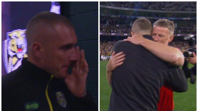 An emotional Dustin Martin leaves the MCG one last time / hugs former coach Damien Hardwick.