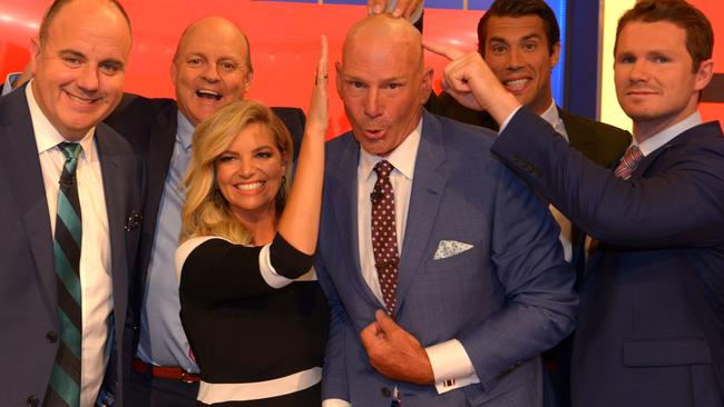 Craig Hutchison, Billy Brownless, Rebecca Maddern, Sam Newman, Alex Rance and Patrick Dangerfield on the first episode of the 2017 season of The Footy Show.