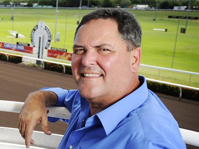 Retiring Vice Chairman of Darwin Turf Club Charles Burkitt with Chairman Brett Dixon looking over Fannie Bay race course