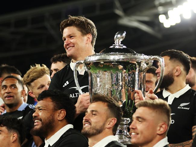 Scott Barrett proudly holds up the Bledisloe Cup after the All Blacks’ secured its retention las week. Picture: Getty