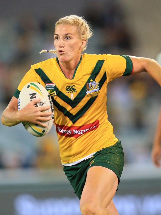 NRLW superstar Ali Brigginshaw playing for the Australia Jillaroos with Harvey Norman sponsorship emblazoned on her guernsey. Picture: Mark Evans