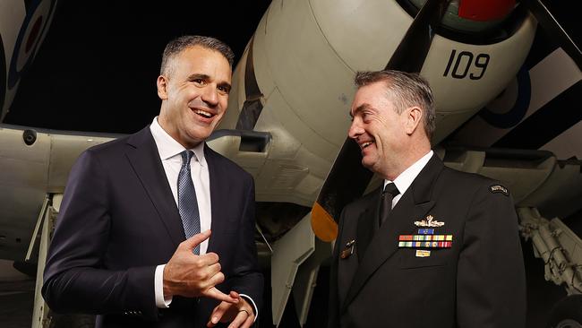 Defending Australia at the Australian War Memorial, Canberra , 22 May 2023 . Vice Admiral Chief of Nuclear Powered Submarine Taskforce Mead Jonathan Dallas Mead and Premier of South Australia Peter Malinauskas. Picture: Dylan Coker