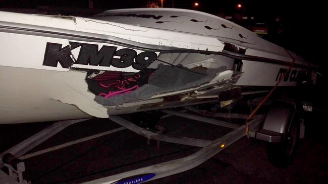 A picture of the damage caused to the boat by the crash.