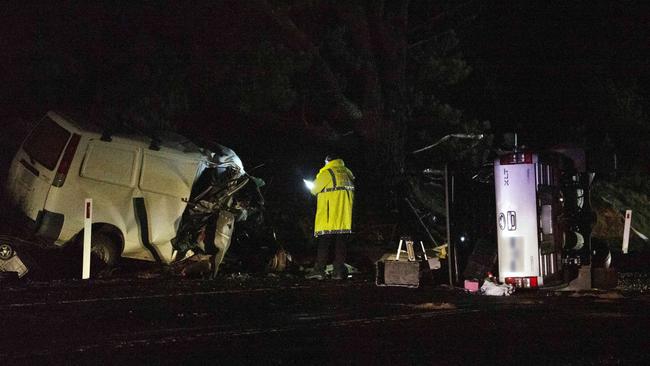 The scene of the fatal crash, where two men in a van died in a head-on crash with a ute on the Victor Harbor Rd. Picture: Emma Brasier