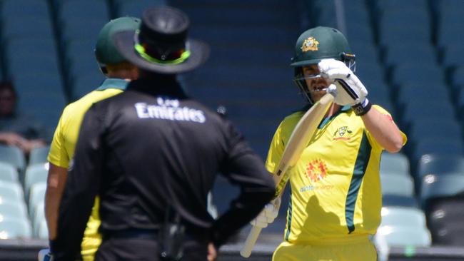 Australian batsman Travis Head (R) asks for a review. Picture: AFP