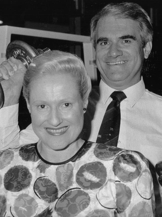 Senator Bronwyn Bishop 'works out' with Senator Grant Tambling in preparation for the upcoming ‘tough election’ in January 1990