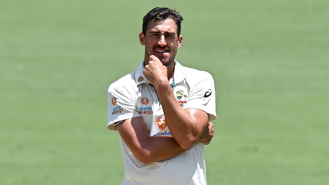 BRISBANE, AUSTRALIA – JANUARY 19: Mitchell Starc of Australia looks frustrated during day five of the 4th Test Match in the series between Australia and India at The Gabba on January 19, 2021 in Brisbane, Australia. (Photo by Bradley Kanaris/Getty Images)