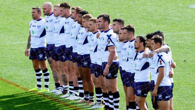Scotland look on while the Kiwis perform the Haka prior to the 2017 Rugby League World Cup match.