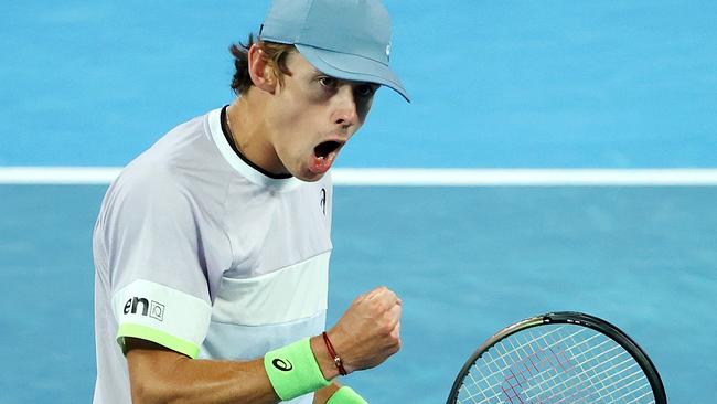 Alex de Minaur in action against Adrian Mannarino at the Australian Open. Picture: Mark Stewart