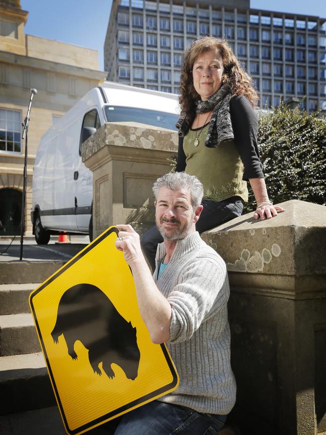 John Harris, of Wombat Warriors, and Wombat Rescue president Kim Rettig lead a rally on Parliament Lawns. Picture: MATHEW FARRELL