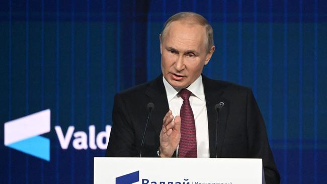 Russian President Vladimir Putin addresses the plenary session of the Valdai Discussion Club forum in Moscow overnight (AEDT). Picture: Sputnik