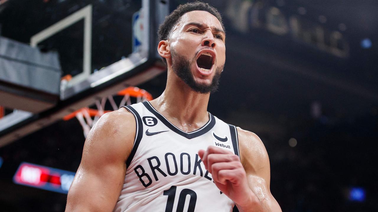 TORONTO, ON - NOVEMBER 23: Ben Simmons #10 of the Brooklyn Nets reacts after getting a block on Chris Boucher #25 of the Toronto Raptors during the second half of their NBA game at Scotiabank Arena on November 23, 2022 in Toronto, Canada. NOTE TO USER: User expressly acknowledges and agrees that, by downloading and or using this photograph, User is consenting to the terms and conditions of the Getty Images License Agreement. Cole Burston/Getty Images/AFP (Photo by Cole Burston / GETTY IMAGES NORTH AMERICA / Getty Images via AFP)