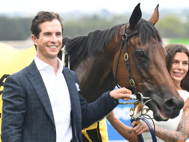 Trainer Michael Kent Jnr (left) celebrates a win at Ballarat on December 7. Picture: Brett Holburt/Racing Photos via Getty Images