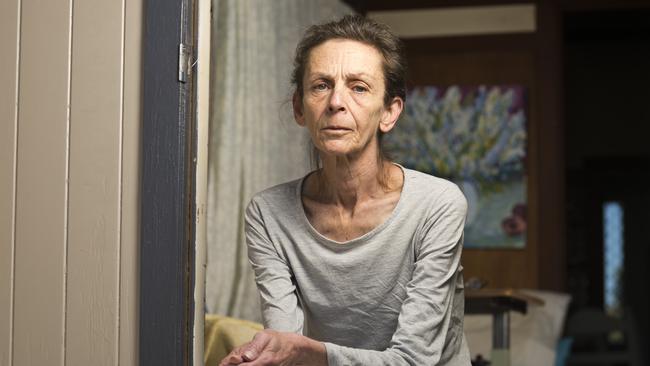 Kylie Kilroy at home after being kicked out of a privately-run aged care home. Picture: Kevin Farmer