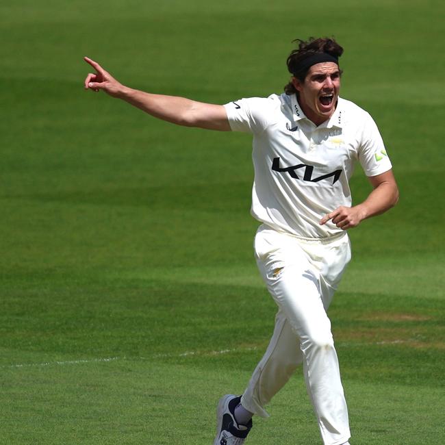 Sean Abbott celebrates a wicket in the County Championship.