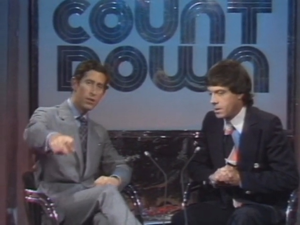 1977: King Charles, then Prince Charles with Molly Meldrum on Countdown in 1977. Meldrum famously attempted to adopt a posh accent during the interview. Picture: ABC