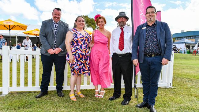 New sponsors of the 2023 Ballina Cup, Cherry Street Sports Group General Manager Tere Sheehan (from right), chairman John Whitty, Jackie Hinrichsen, functions co-ordinator Glenn-Maree Smith, and food and beverage manager Brad Benson all enjoying the 2023 Ballina Cup. Picture: Cath Piltz