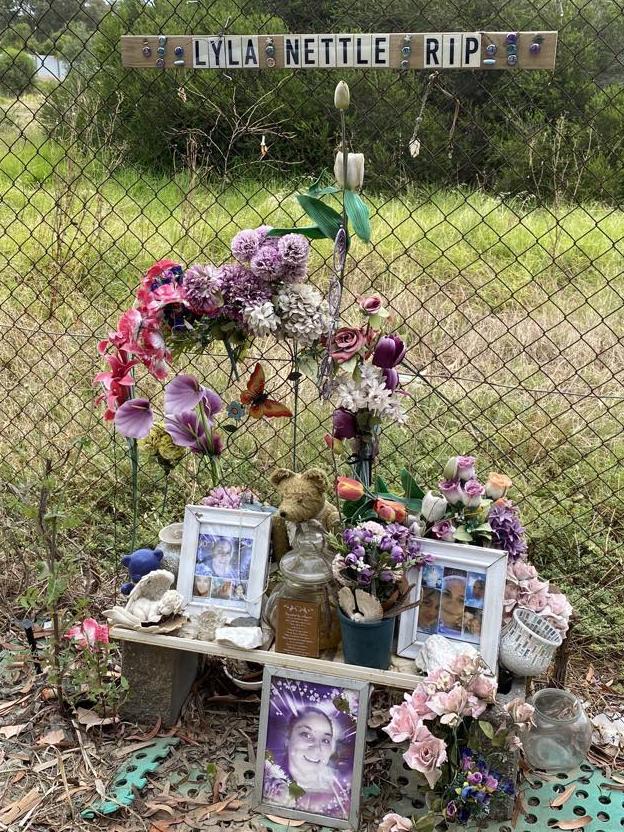 Sue Nowland set up a memorial for her daughter, Lyla Nettle, on the side of Port Wakefield Rd at Bolivar. Picture: Kathryn Bermingham