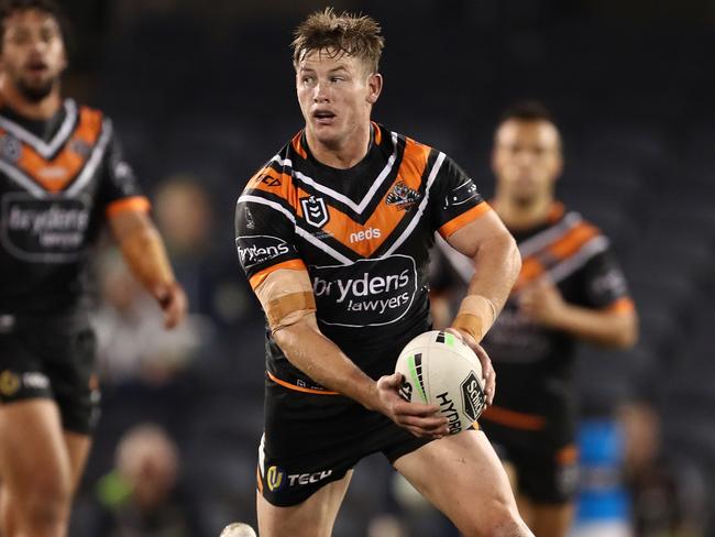 Harry Grant of the Tigers during the Round 5 NRL match between the Wests Tigers and the Canberra Raiders at Campbelltown Stadium in Sydney, Saturday, June 13, 2020. (AAP Image/Brendon Thorne) NO ARCHIVING, EDITORIAL USE ONLY