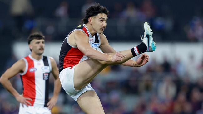 St Kilda coach Ross Lyon wants to keep playing Mitch Owens as a forward, saying he wouldn’t think a midfield role ‘plays to his tools’. Picture: Russell Freeman / Getty Images